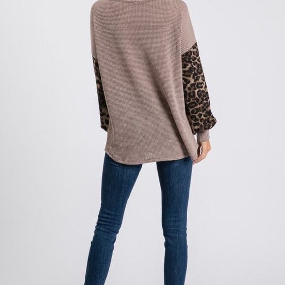 Leopard Animal Print Balloon Sleeve Waffle Knit Color Blocking Fall Blouse - Picture 9 of 10